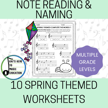 Preview of 10 Spring Themed Note Reading & Naming Music Worksheets - Treble Clef (Gr 2 - 5)