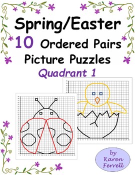 Preview of 10 Spring and Easter Ordered Pairs Picture Puzzles Quadrant 1 No-Prep Worksheet