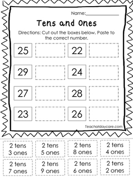 10 tens and ones place value worksheets kindergarten 1st grade