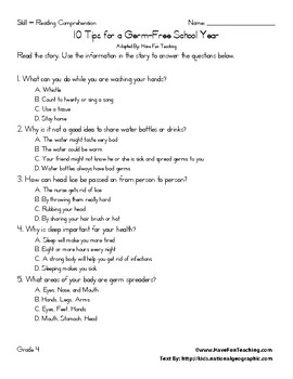 10 tips for a germ free school year reading comprehension worksheet