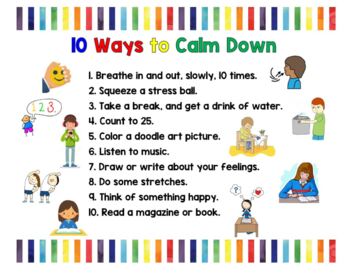 10 Ways to Calm Down Poster for School Classroom Administrators Counselors