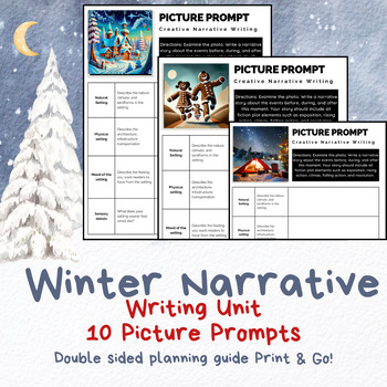 Preview of 10 Winter Holiday Narrative Essay Picture Prompts & Planner: Print and Go