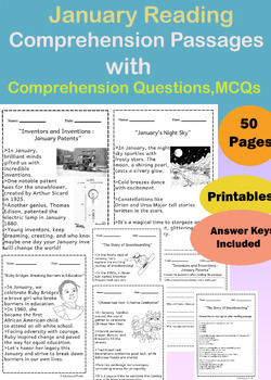 Preview of 10 Winter January Reading Comprehension Passages, Questions, MCQs Grade3-6