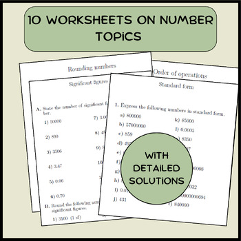 Preview of 10 Worksheets on number topics (with detailed solutions)