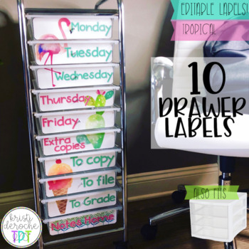 Preview of 10 drawer cart labels- EDITABLE- Tropical Theme
