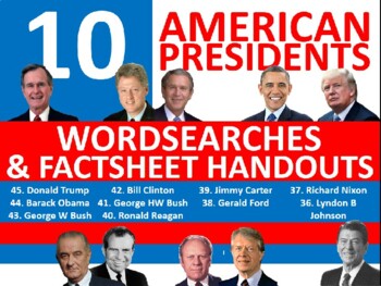 Preview of 10 x US President Factsheet & Wordsearch Worksheets Starter Activity USA History