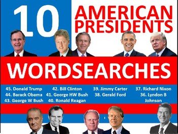 Preview of 10 x US President Wordsearch Worksheets Sheet Starter Activity USA History