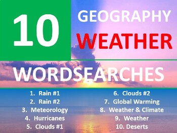 Preview of 10 x Weather Wordsearch Puzzle Sheet Keywords Homework Geography Meteorology