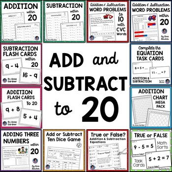 Preview of Add & Subtract within (to) 20: Math Fact Fluency Worksheets & Word Problems