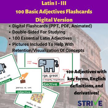 Preview of 100 Basic Latin Adjectives Digital Flashcards PPT and Google Slides Compatible
