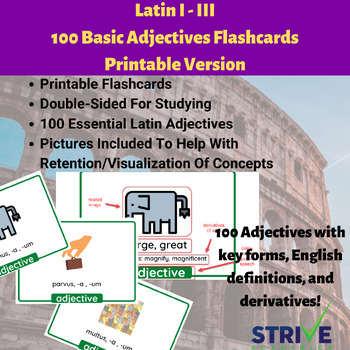 Preview of 100 Basic Latin Adjectives Printable Flashcards w Forms, Derivs + Pics