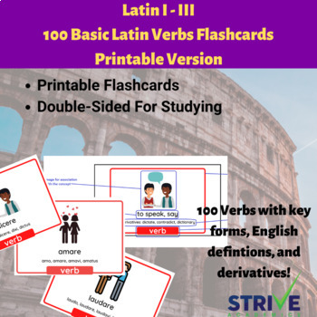 Preview of 100 Basic Latin Verbs Printable Flashcards with Forms, Eng Derivs, Defs + Images