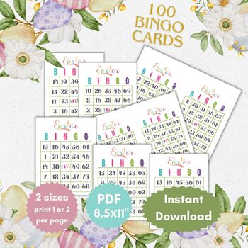 Preview of 100 Bingo Number cards game, Easter, Spring ,Numbers 1-75