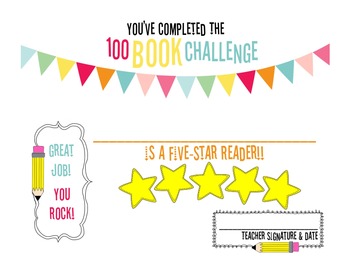 Preview of 100 Book Challenge / Reading Challenge Completion Certificate {1ovakyndTeacher}