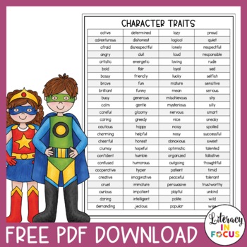 100 Character Traits Free Printable Pdf List By Literacy In Focus