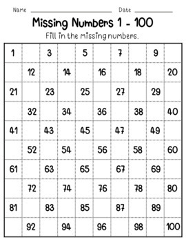 100 Chart Missing Number | Missing Numbers 1-100 Worksheets | Free