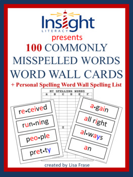 Preview of 100 Commonly Misspelled Words -Word Wall Cards + Bonus