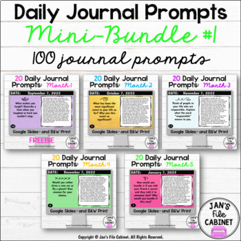 Preview of 100 Daily Journal Prompts MINI BUNDLE 1 | Months 1-5 GOOGLE SLIDES AND PRINT