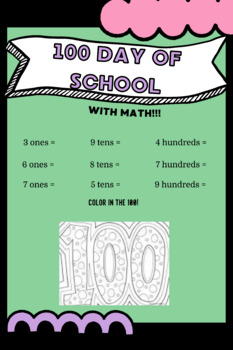Preview of 100 Day of School with Math; Place Value worksheet.