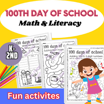 Preview of 100th Days Of School Center Math and Literacy No Prep Activities