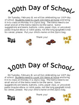 Preview of 100th Days of School Note