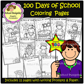 100 Days Of School Coloring Pages - Writing Prompts & Paper (school 