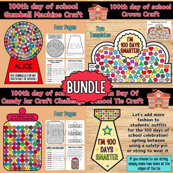 Preview of 100 Days of School Crafts BUNDLE | Crowns, Tie, Gumball Machine, Candy Jar!