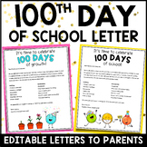 100th Day of School Letter to Parents - Editable in Google