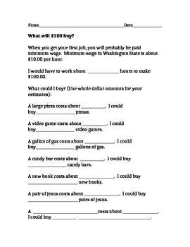 Preview of 100 Days of School Math Worksheet:  What Will One Hundred Dollars Buy?