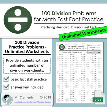 Preview of 100 Division Practice Problems -  Unlimited Worksheets