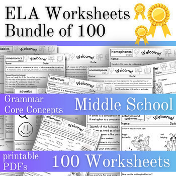 Preview of 100 ELA Worksheets - English Language Arts Core Curriculum - Middle School