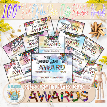 Preview of 100 Editable End of the Year Awards - Classroom WATERCOLER Awards - Certificate