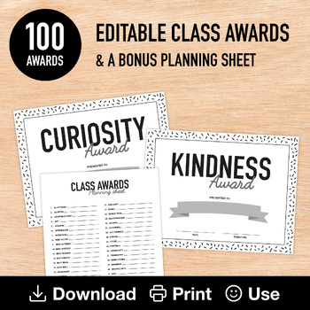 Preview of 100 Editable & Printable Class Awards (Black & White), End of Year Recognition