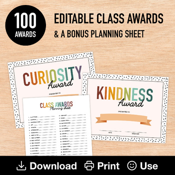 Preview of 100 Editable & Printable Class Awards (Earthy Colors), End of Year Recognition