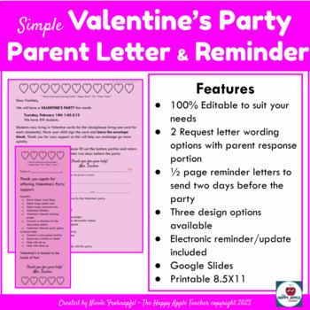 Preview of 100%  Editable Valentine's Classroom Party Parent Support &Supply Request Letter