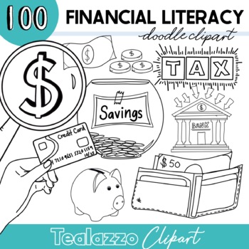 Preview of 100 Financial Literacy clipart for finance and math (B&W doodles) Commercial use