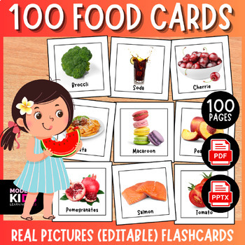 Preview of 100 Food Cards  Real Pictures (Editable) Flashcards