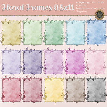 Preview of 100 Glitter Watercolor Floral Frames Cards 8.5x11 PNG