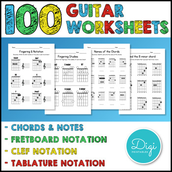 Preview of 100 Guitar Worksheets - Chords & Notes - Playing & Reading & Writing