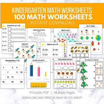 Preview of 100 Kindergarten Math Common Core Curriculum Worksheets, Printables