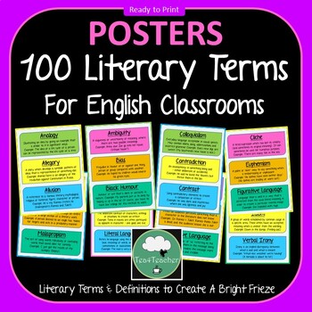 Preview of 100 LITERARY TERMS FOR ENGLISH CLASSROOMS Posters Word Wall Bright