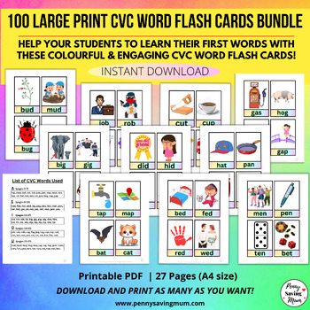 Preview of 100 Large Print CVC Word Flash Cards Bundle Preschool Learn Letters & Spellings