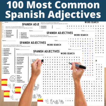 Preview of 100 Most Common Spanish Adjectives Word Search Spanish Vocabulary-