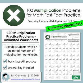 Preview of 100 Multiplication Practice Problems -  Unlimited Worksheets