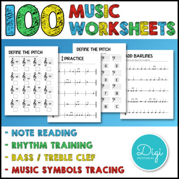 Preview of 100 Music Worksheets - Notes and Rhythm - Bass and Treble Clef Assessments