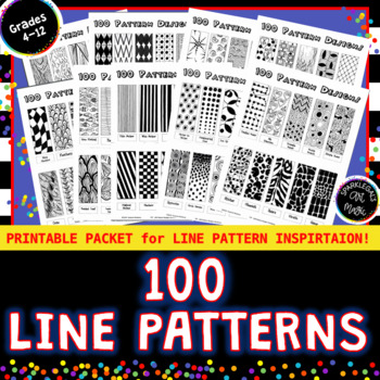 Preview of 100 Line Pattern Designs! Middle School Visual Arts Drawing Resource Packet