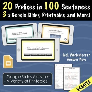 Preview of 100 Prefixes Google Slides Fill-in-the-Blanks Activities, PDF + More ✩FREE✩