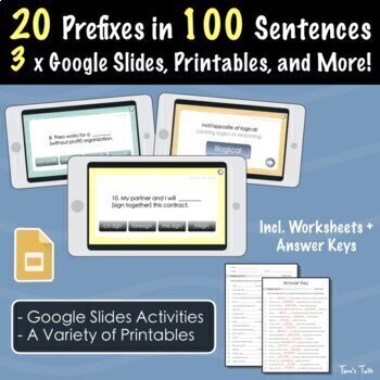 Preview of 100 Prefixes Google Slides Fill-in-the-Blanks Activities, Printables, and More!