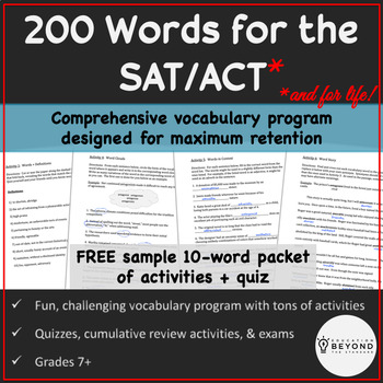 Preview of SAT ACT Vocabulary | Vocabulary Activities Assessments | 10 Word Sample
