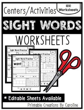 Preview of 100 SIGHT WORDS Worksheets. Kindergarten, Primer Words. Editable.